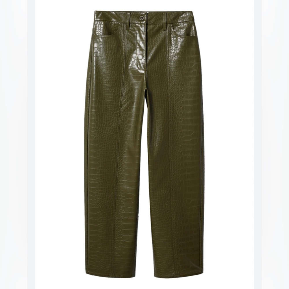 Mango Olive Green Croc-Embossed Pants